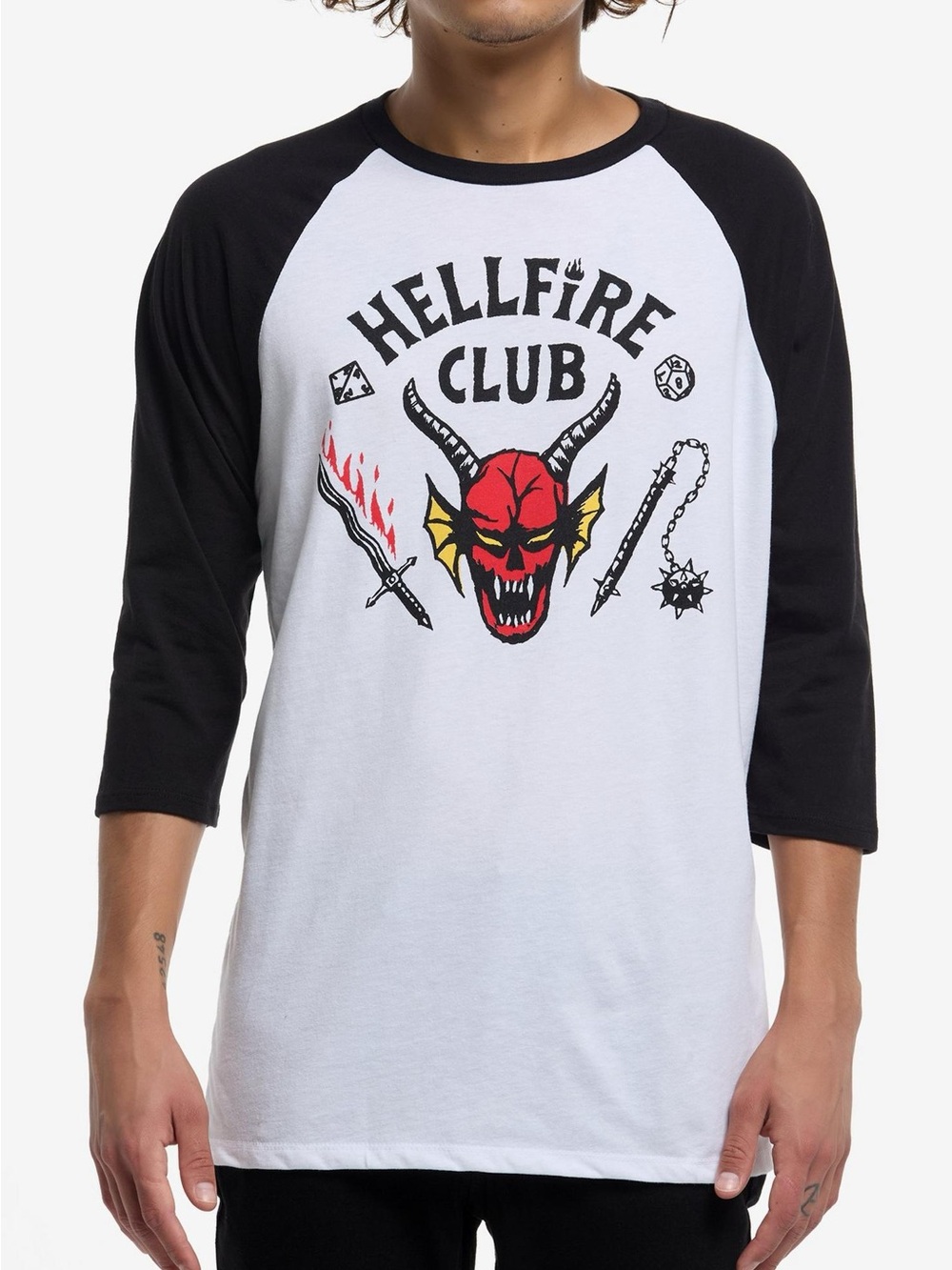 Netflix Hellfire Club Raglan Tee - White and Black with Red Graphic